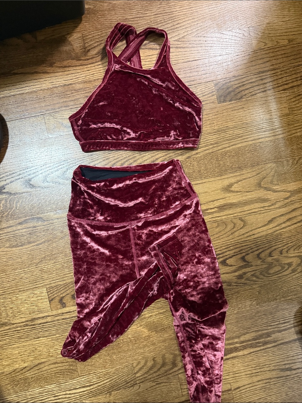 Beyond Yoga Velvet Burgundy High-Waist Leggings & Sports Bra Set